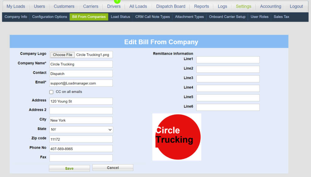 A Screenshot from Load Manager TMS