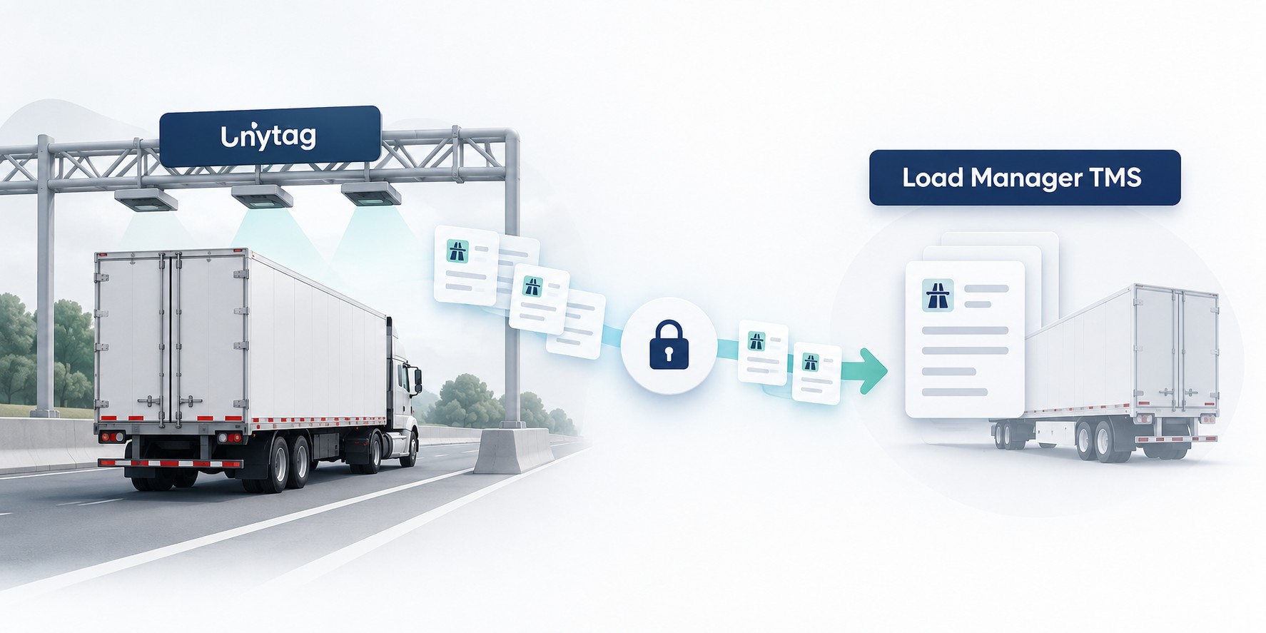 Illustration of Unytag toll records flowing securely into Load Manager TMS trailer records.